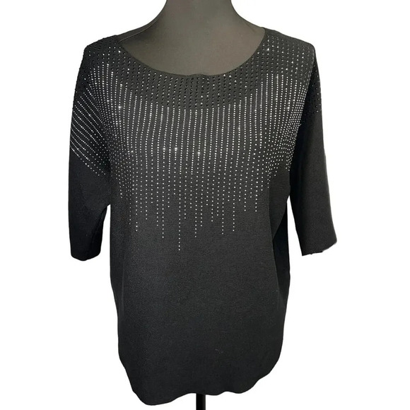 Luna, ribbed short sleeve silver black rhinestone embedded vent stretchy top XL - Picture 3 of 8